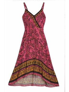 Maurices Wrap Dress Women's Large Pink Black Sleeveless V-Neck Paisley High Low